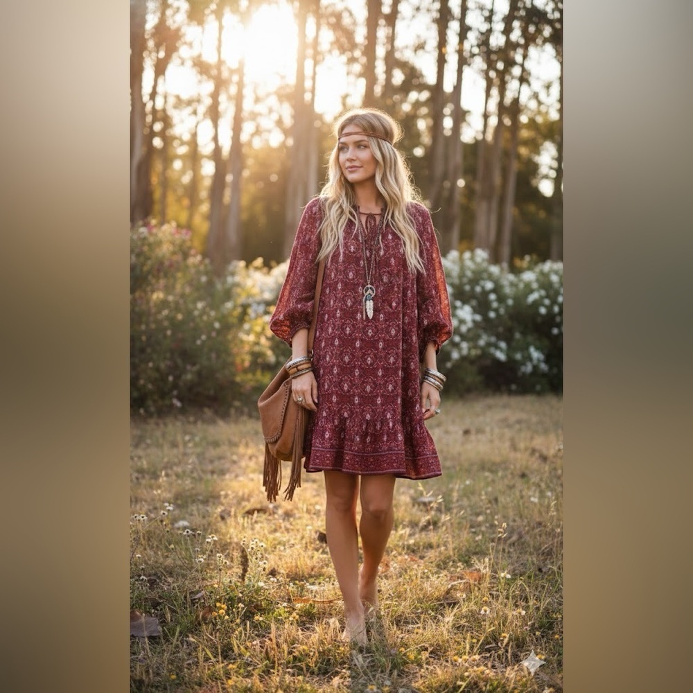 Max Studio London Boho Burgundy Long Sleeve Dress